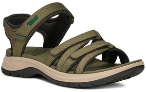 Olive sandal with multiple adjustable straps and a beige and dark brown sole.