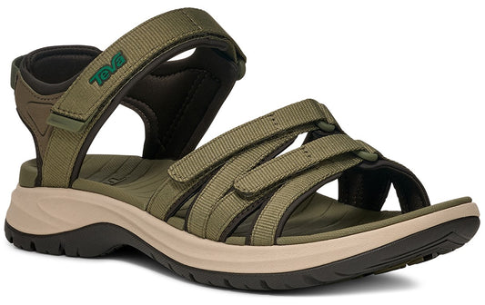 Olive sandal with multiple adjustable straps and a beige and dark brown sole.