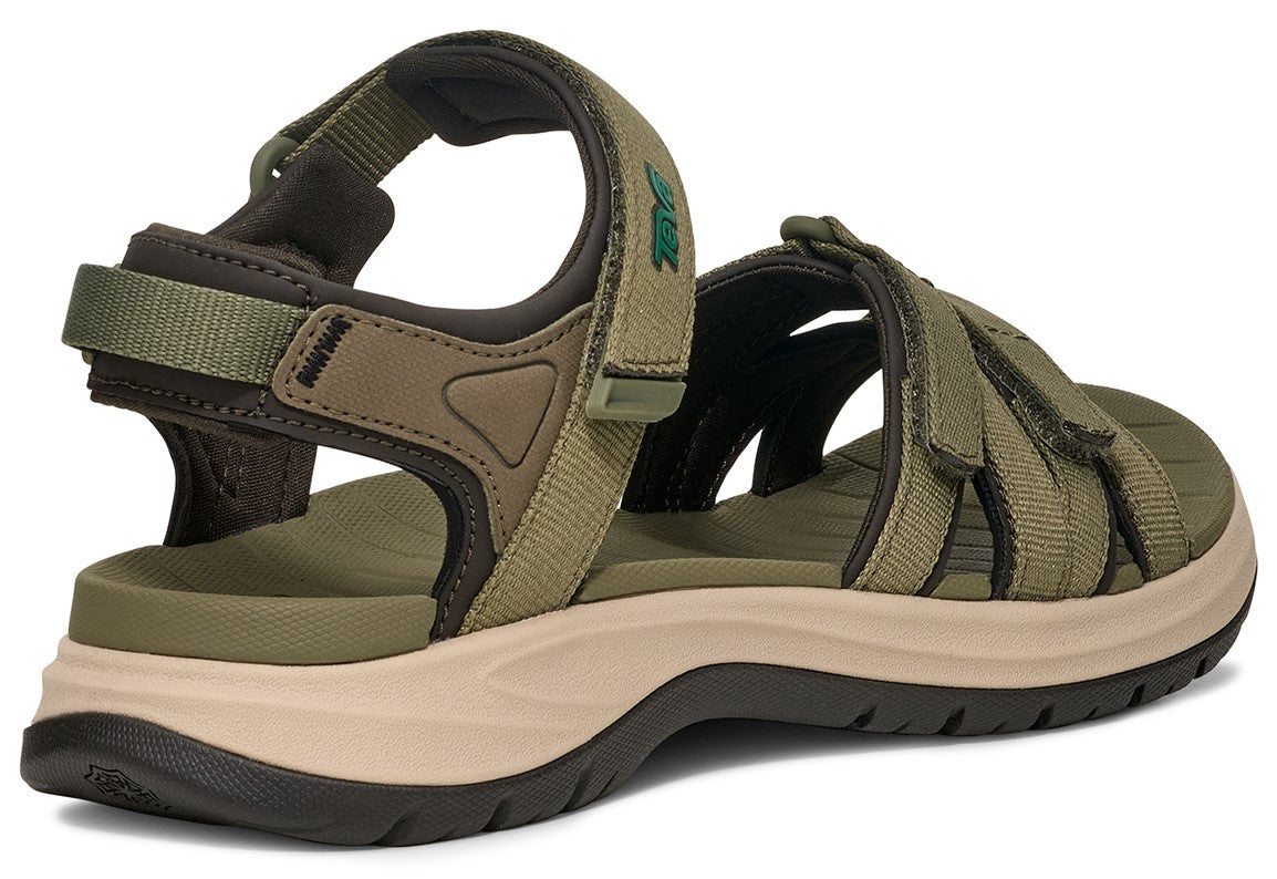 Olive-green sandal with multiple adjustable straps, a beige midsole, and a black outsole.