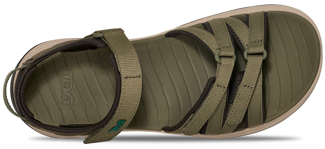 Green sandal with adjustable straps and a beige sole.
