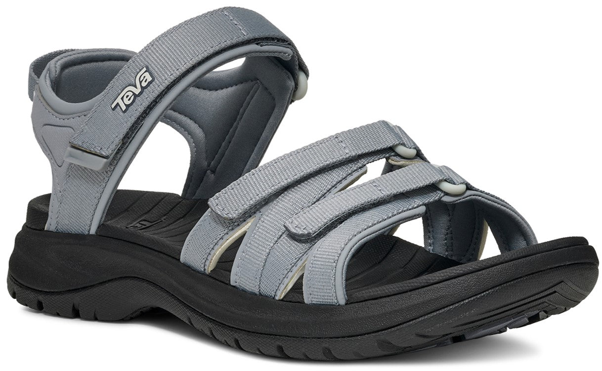 Gray sandal with adjustable hook-and-loop straps and black sole