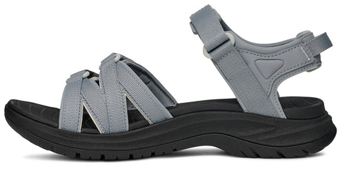 Gray sandal with velcro straps and black sole.