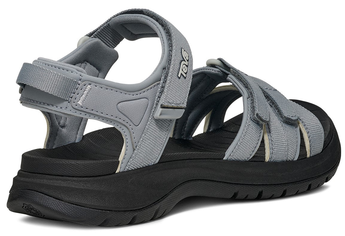 Gray adjustable sandal with black sole.