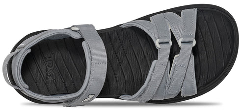A gray sandal with an open-toe design and adjustable straps.
