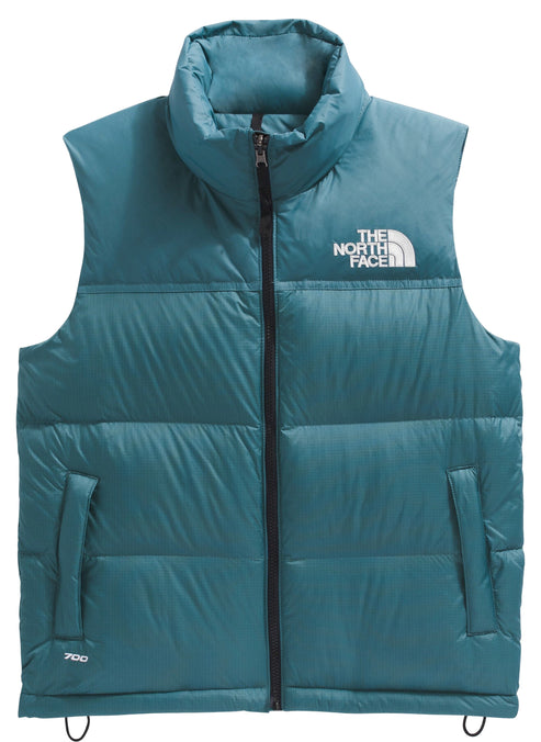 Teal puffer vest with a zipper closure and "THE NORTH FACE" printed on the chest.