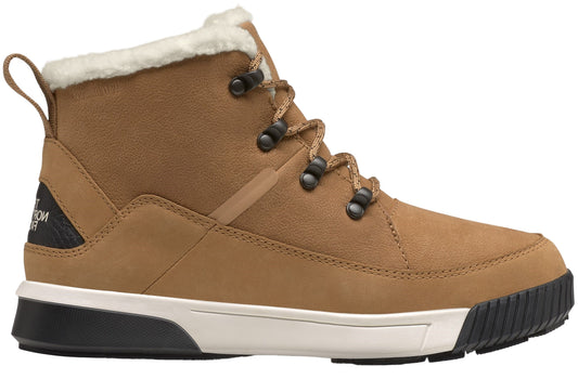 Tan ankle boot with white faux fur trim, lace-up closure, and black heel detail.