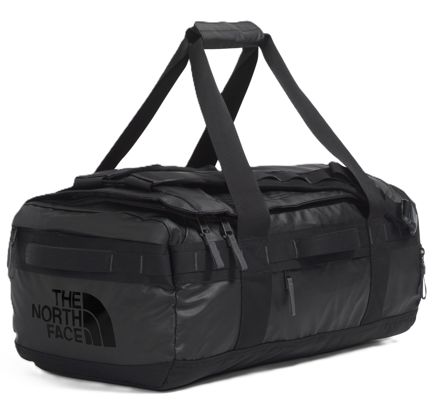 Black duffel bag with 'THE NORTH FACE' printed on the side, equipped with top handles and zippered compartments.