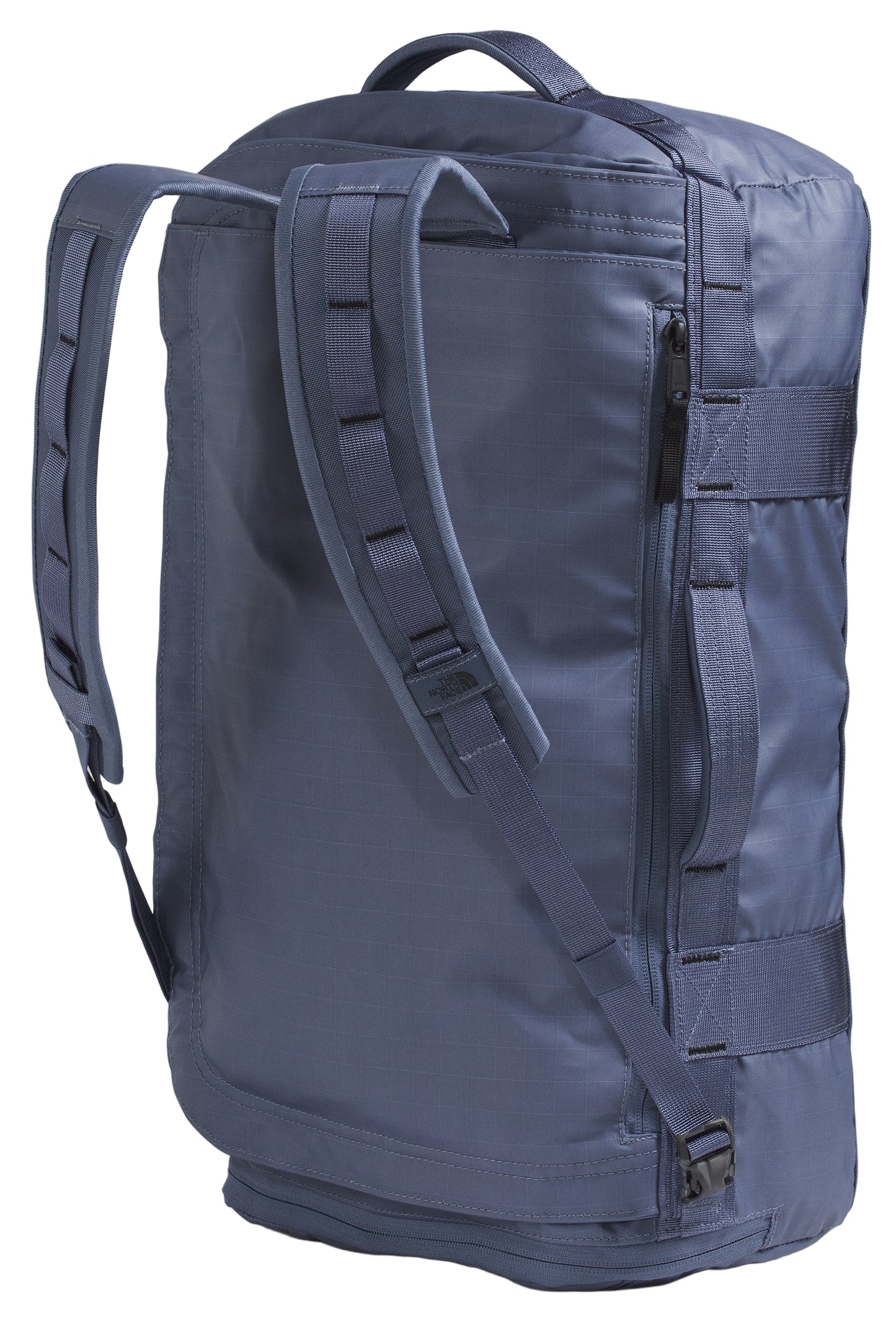 Navy duffel bag with shoulder straps and multiple handles.