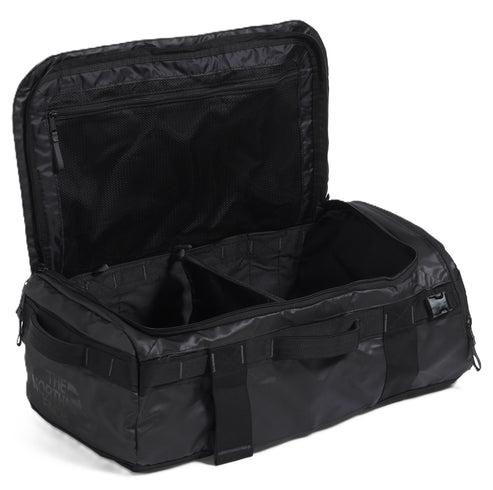 Open black duffel bag with mesh compartment.