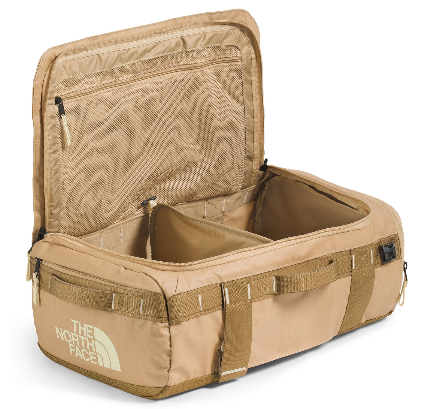 Open beige duffel bag with visible interior compartments and "THE NORTH FACE" printed on its side.