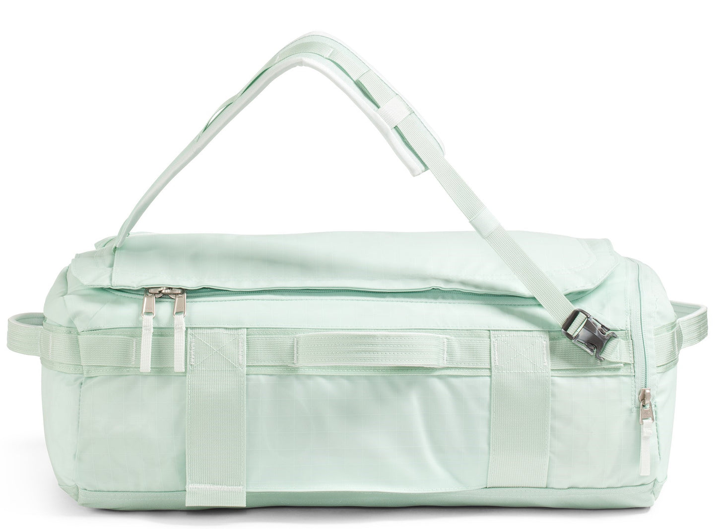 Mint-green duffel bag with top straps and zippers.