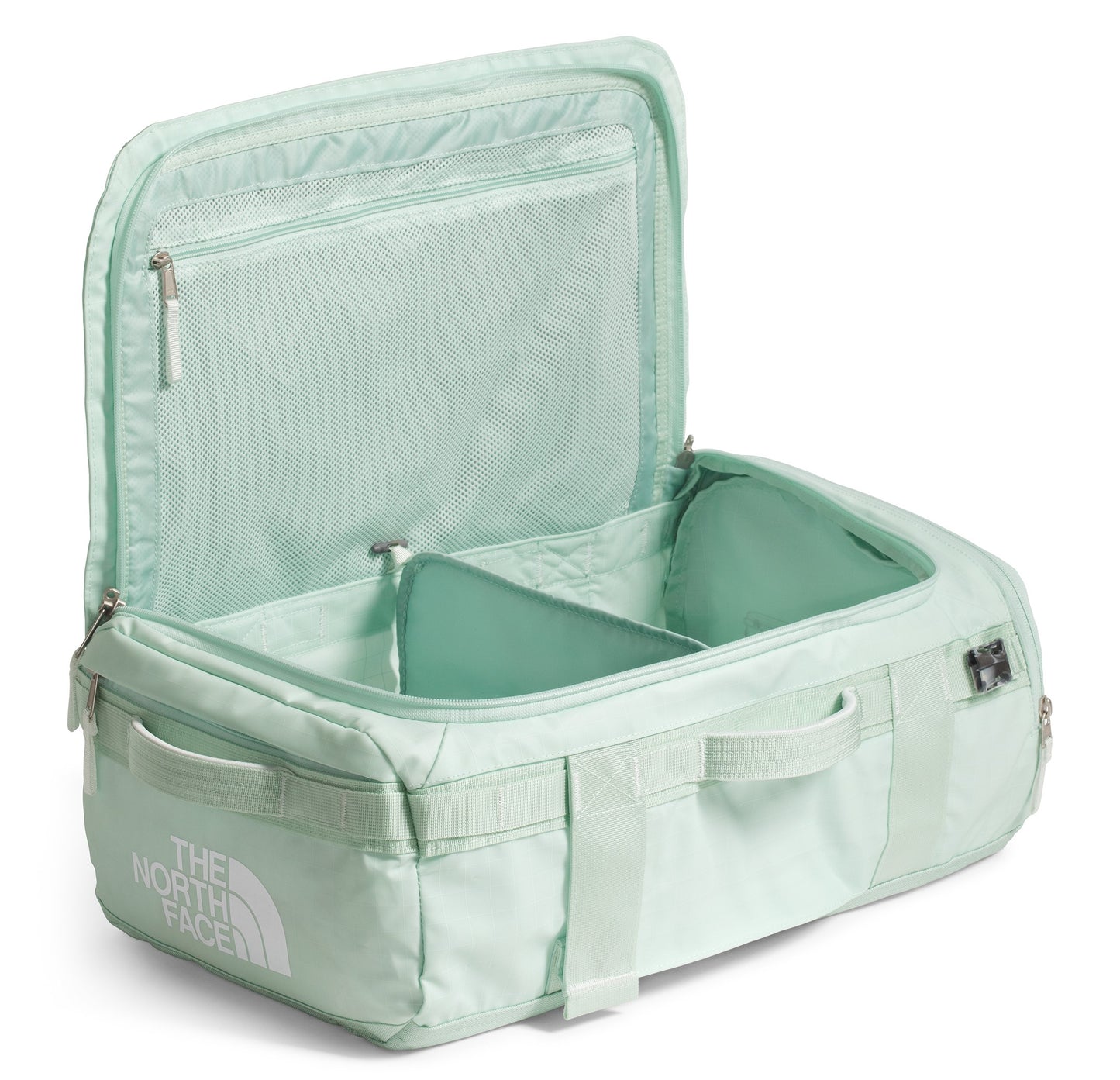 Open mint green duffel bag with interior compartments, mesh pocket in the lid, and "THE NORTH FACE" logo.
