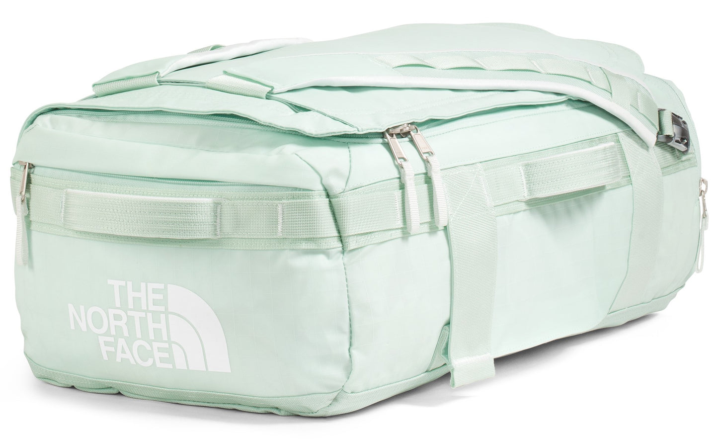 Light green duffel bag with a prominent logo, featuring zippers and straps.