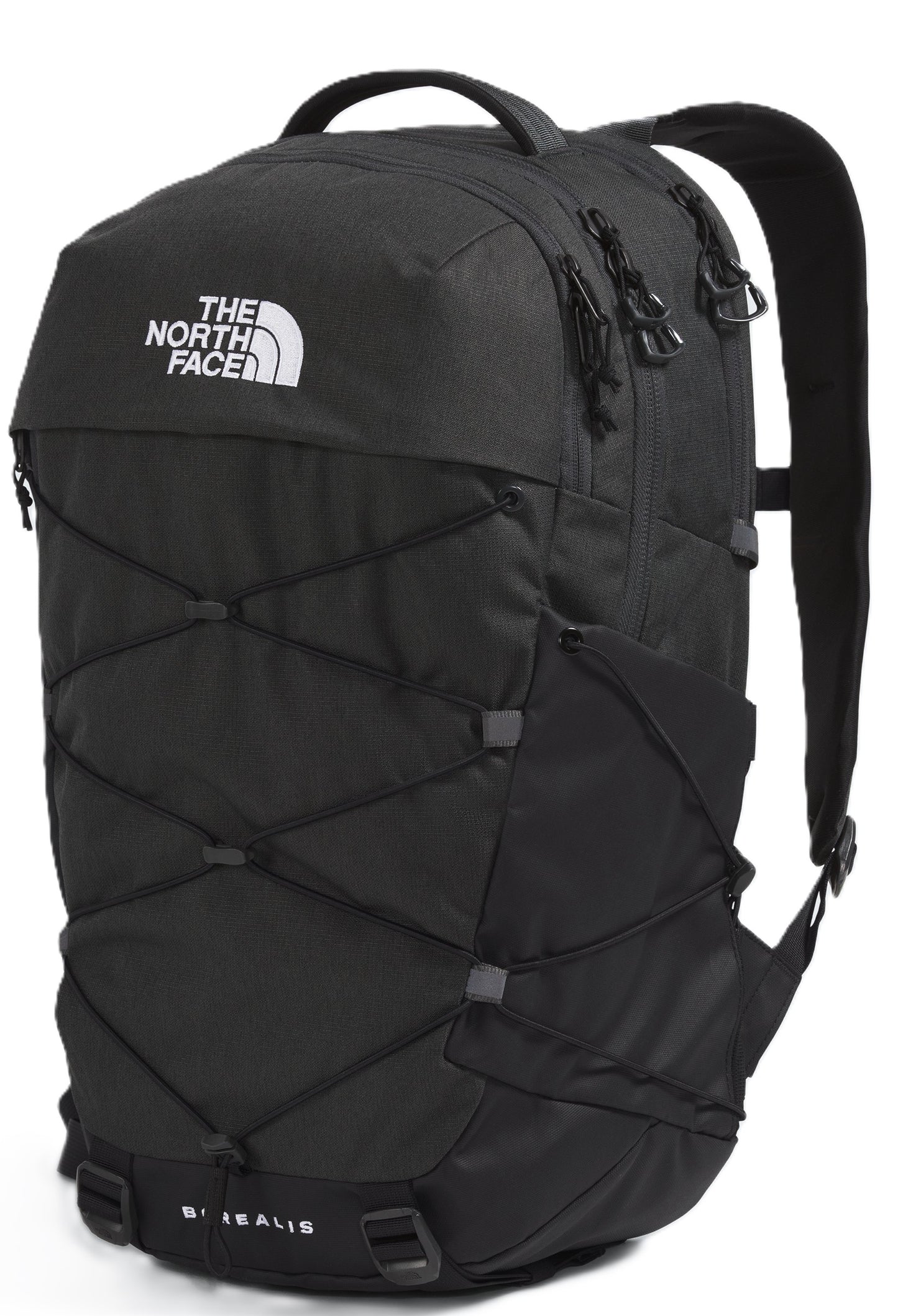 Black backpack with a bungee cord system on the front and THE NORTH FACE logo at the top.