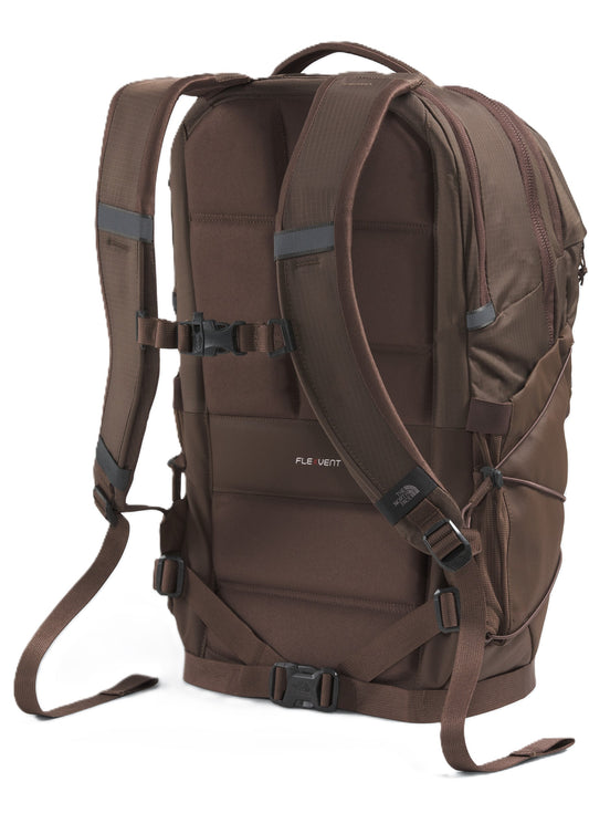 Brown backpack with padded back and shoulder straps, and multiple adjustable buckles.