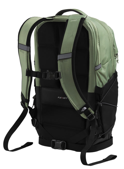 Back view of a green and black backpack with shoulder straps and a FlexVent suspension system.