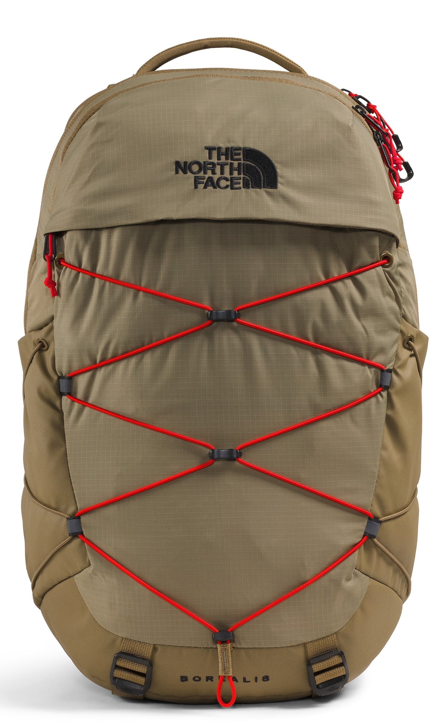 A tan North Face Borealis backpack with a red bungee cord system on the front, black branding on the upper portion, and black trim and straps at the base.