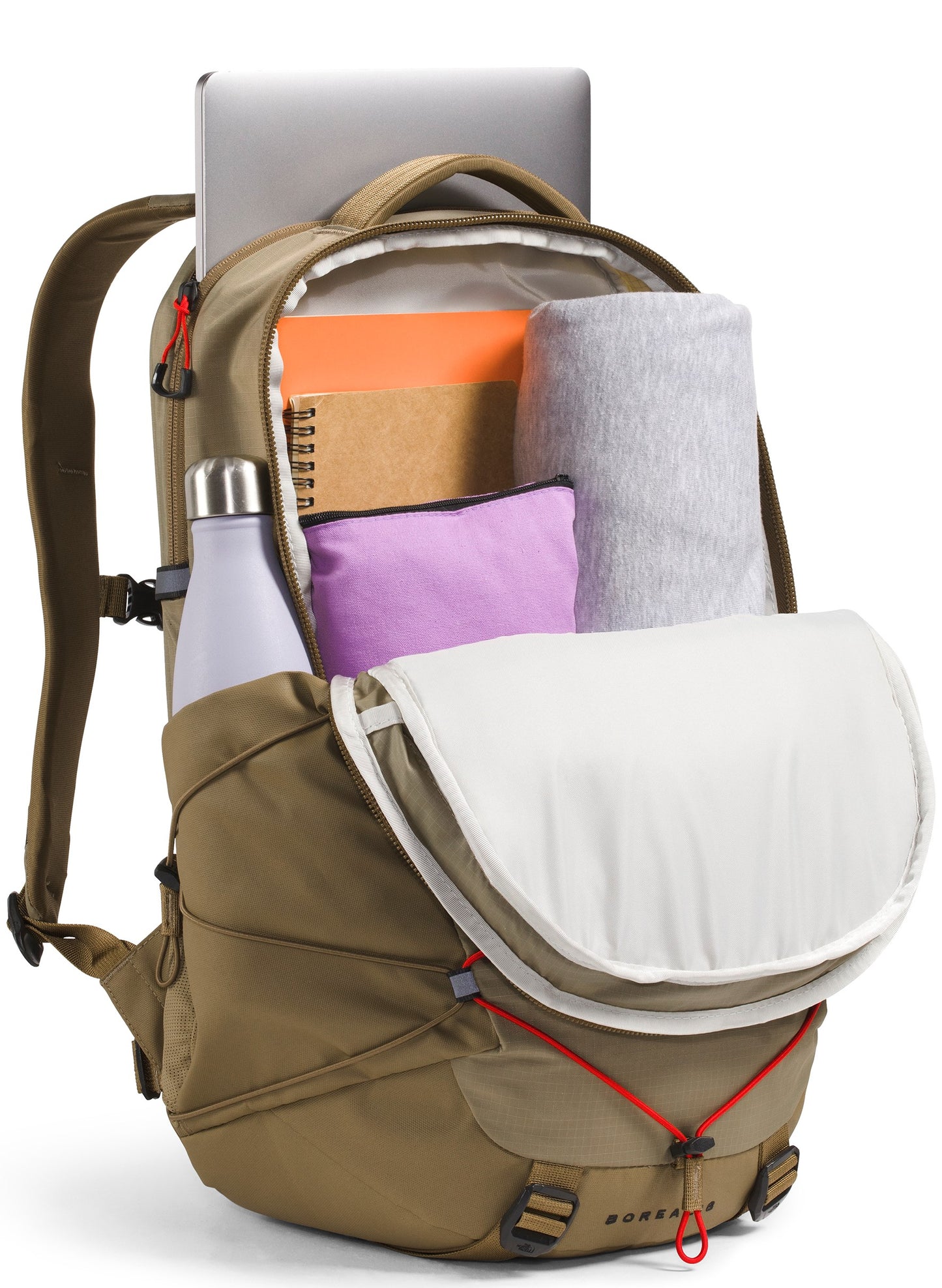 A tan North Face Borealis backpack shown opened with an organized interior containing a silver laptop, a notebook, an orange folder, a purple pouch, a gray rolled sweater, and a white water bottle.
