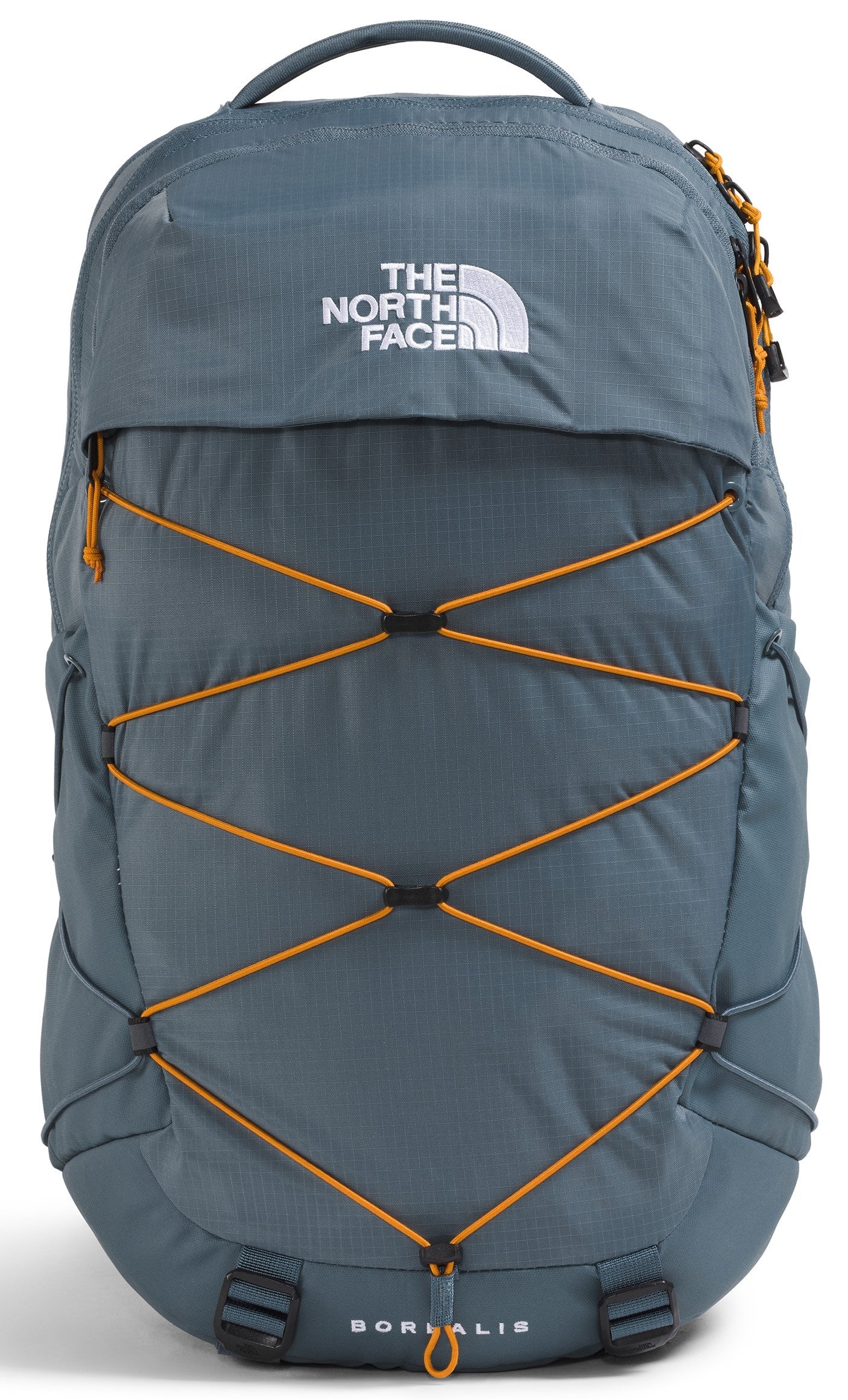 A gray North Face Borealis backpack with an orange bungee cord system on the front, featuring a white North Face logo on the top and the word Borealis printed near the bottom.