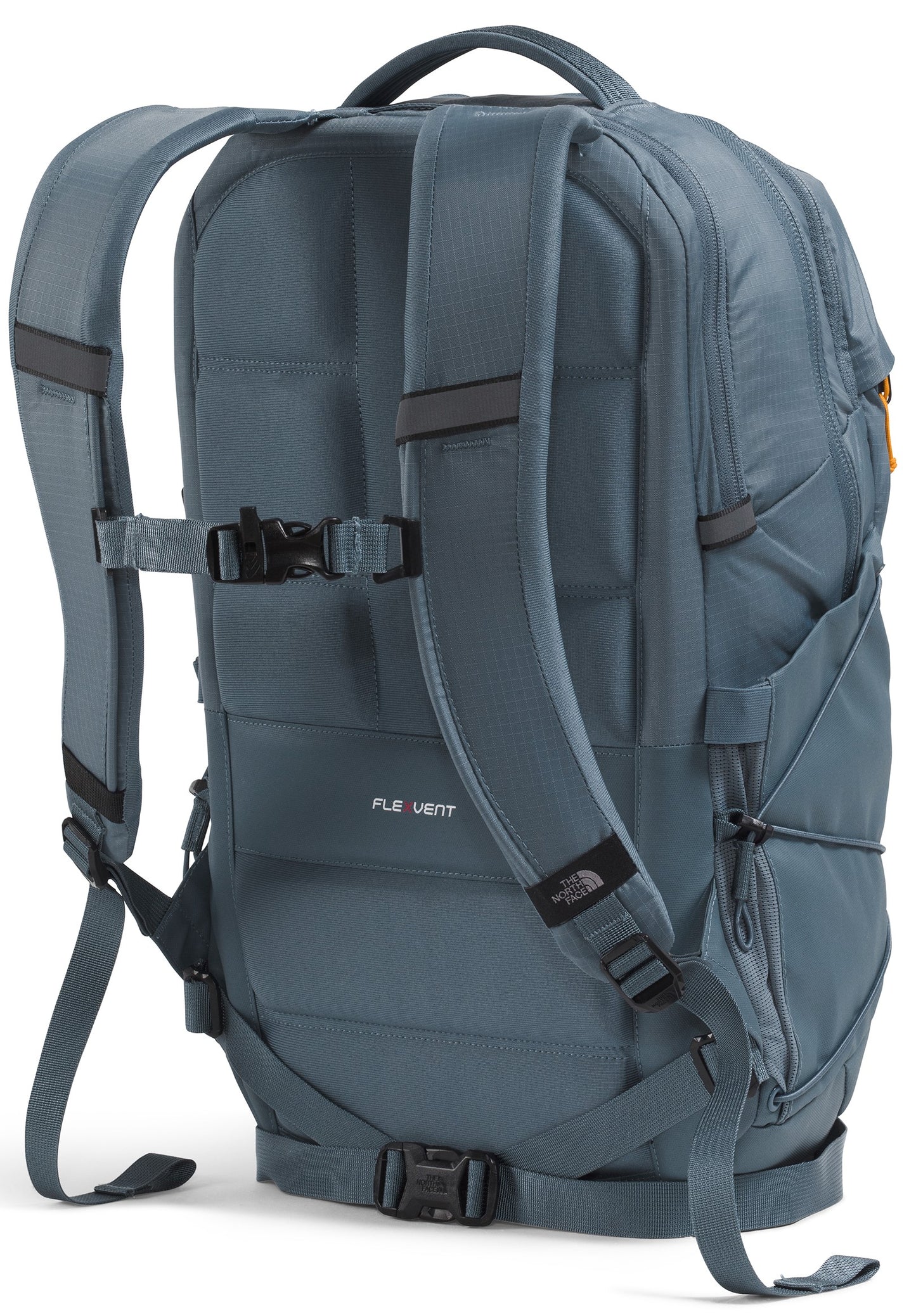 A back view of a blue, technical daypack featuring a padded FlexVent suspension system with adjustable shoulder straps, a sternum strap, and a waist belt.