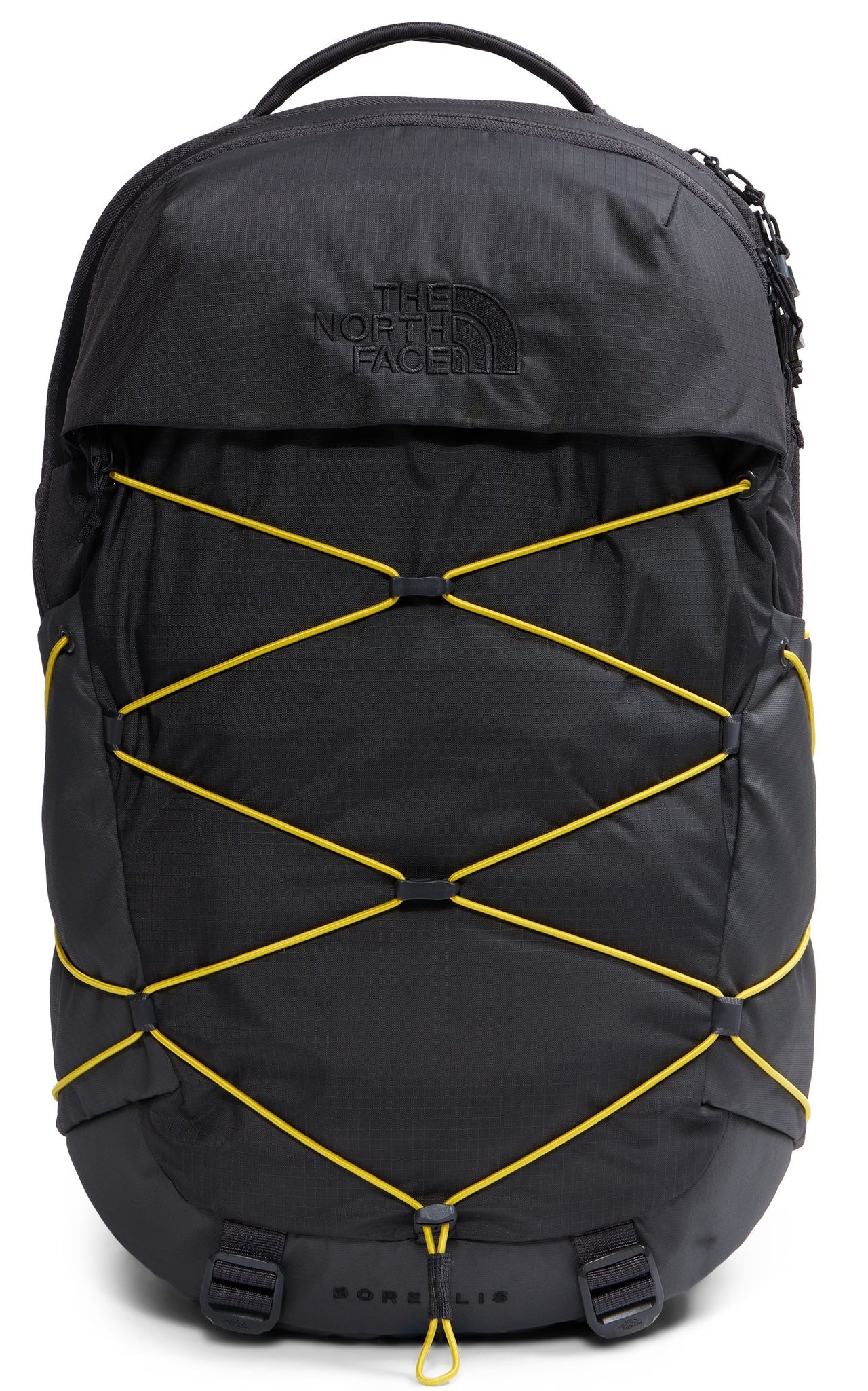A black The North Face Borealis backpack with a prominent yellow bungee cord system crisscrossing the front, featuring an embossed logo on the top flap and two base straps.