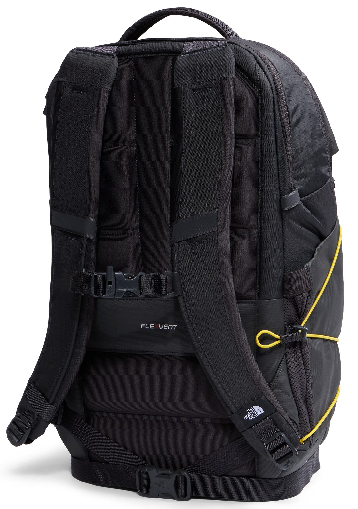 A black backpack viewed from the back, featuring padded, adjustable shoulder straps with a sternum strap, a FlexVent-labeled padded back panel, a waist strap with a buckle, and yellow bungee cord detailing on the side.