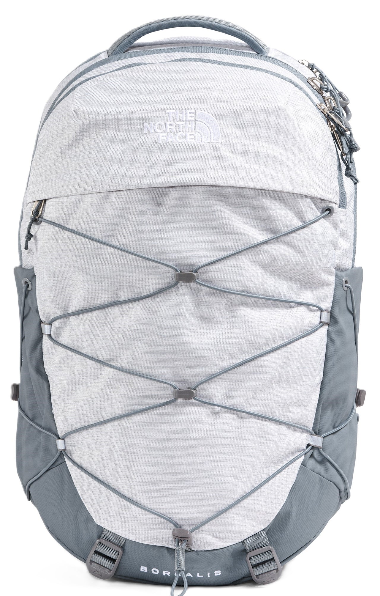 Backpack in white and gray with crisscross bungee cords.