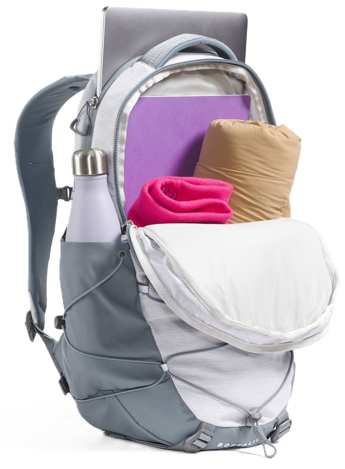 Open gray backpack with a laptop, water bottle, book, and jacket inside.