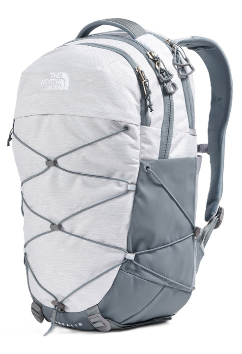 White and gray backpack with bungee cord design.