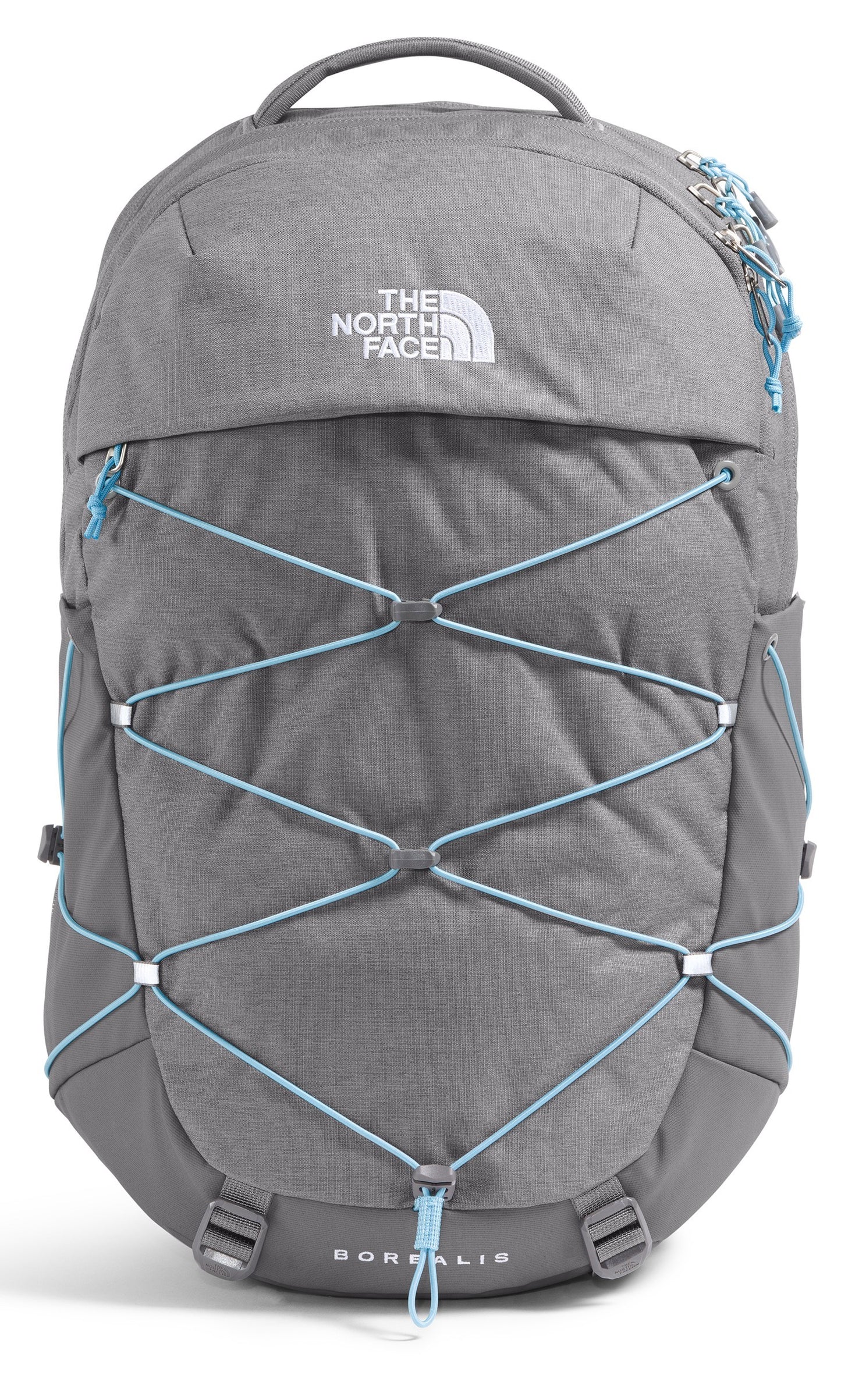 Gray backpack with aqua bungee cord crisscrossing the front and the text "THE NORTH FACE" and "BORNALIS" visible on the front.