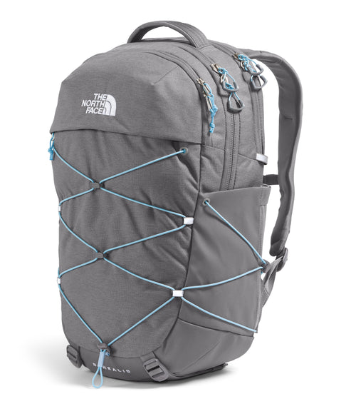 Gray backpack with front criss-cross turquoise bungee cords and visible brand name on top.