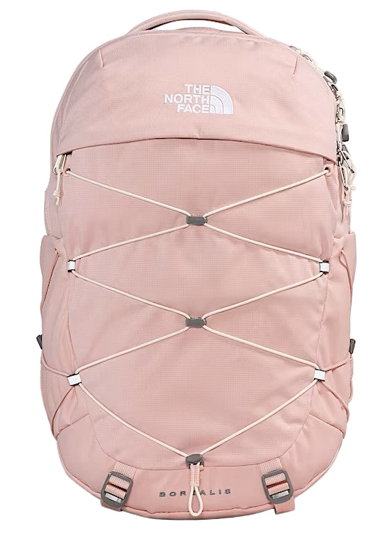 Pink backpack with white bungee cord front lacing and THE NORTH FACE logo.