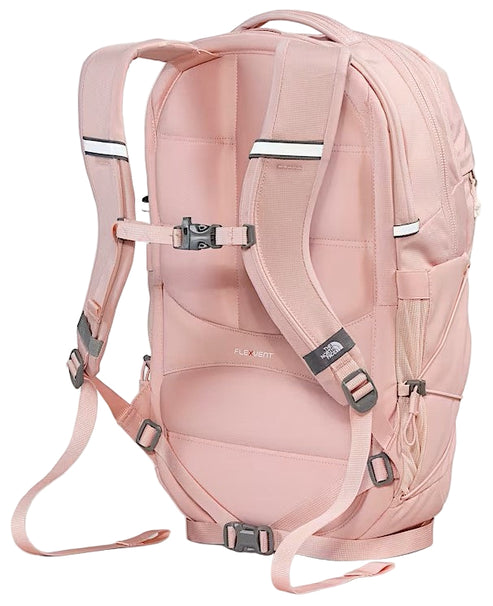 Pink backpack with adjustable straps, buckles, and padded back.