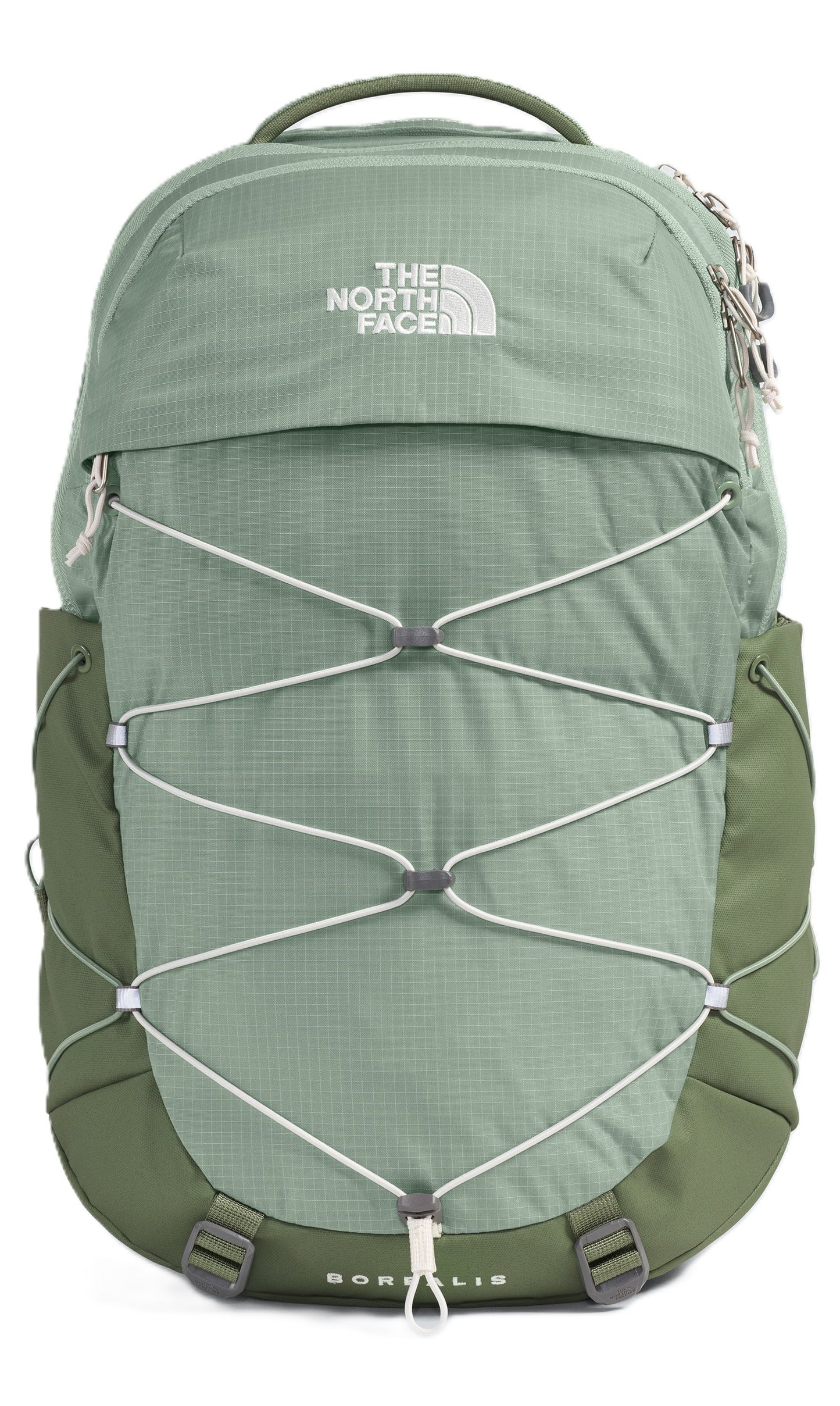 Green backpack with white crisscross cords.