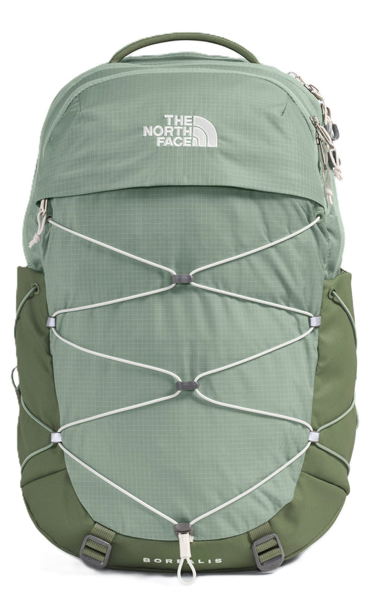Green backpack with white crisscross cords.