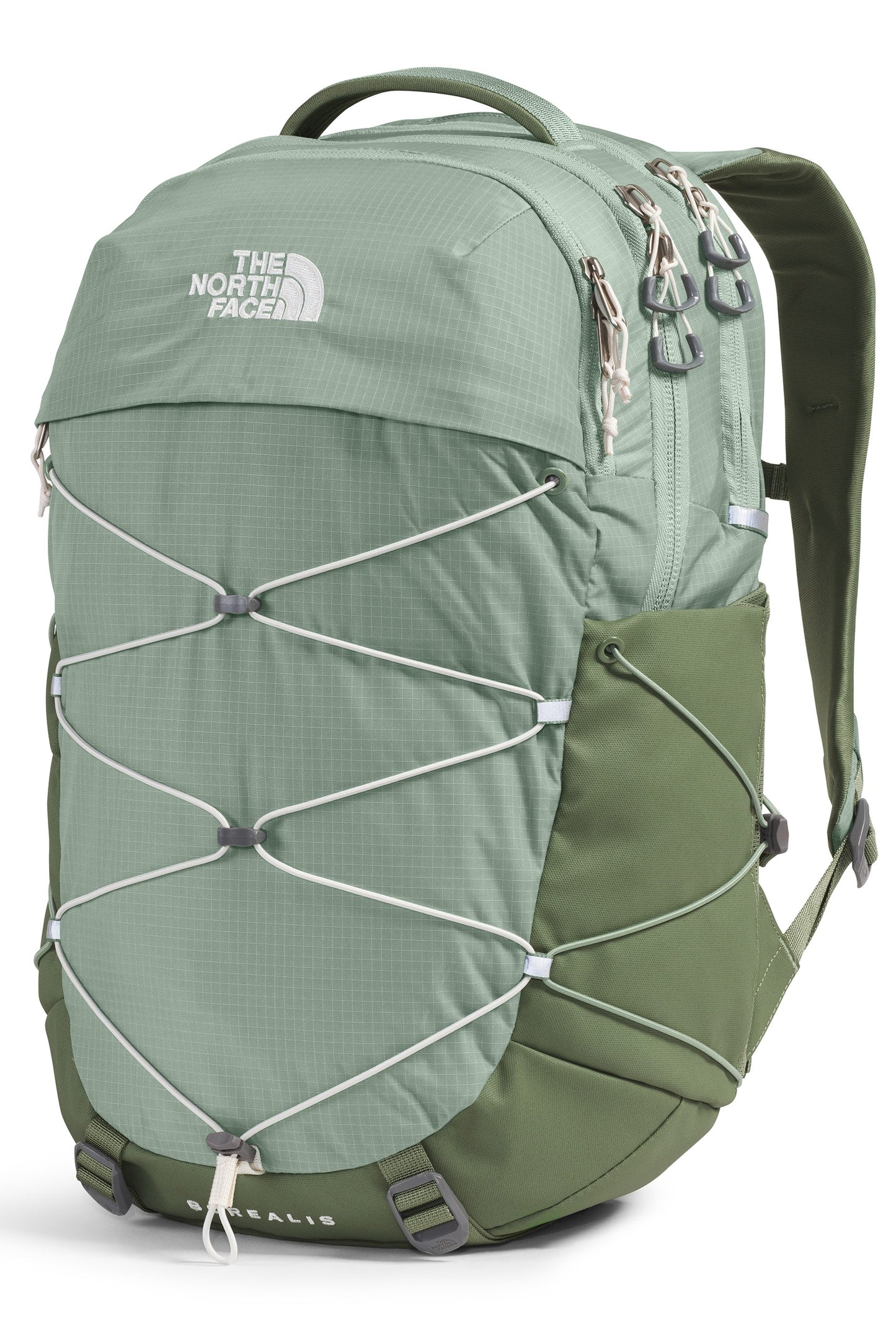 Backpack with light green top, olive green bottom, a white logo on top and white bungee cords.