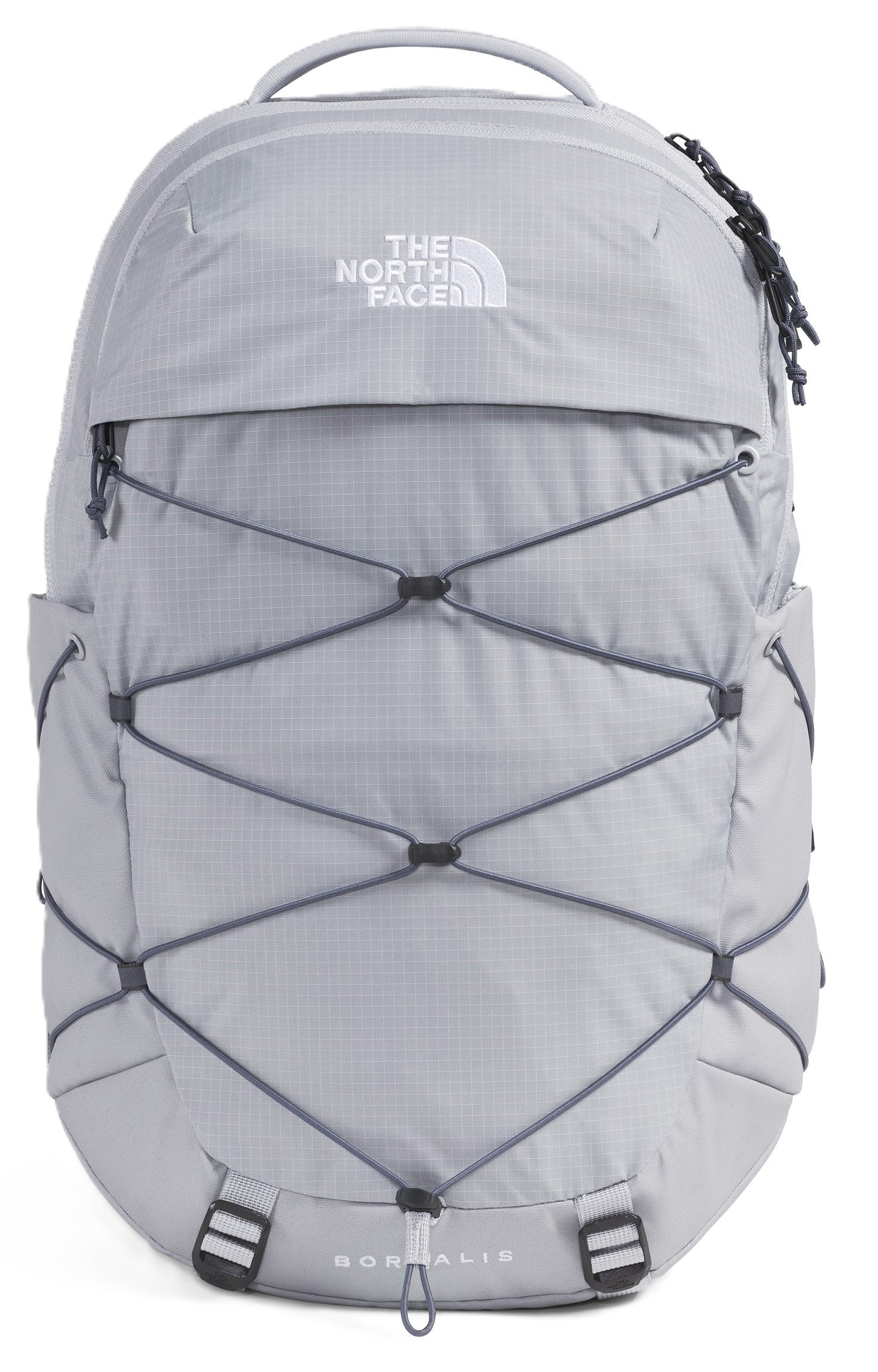 Gray backpack with a crossing bungee cord design and 'THE NORTH FACE' text.