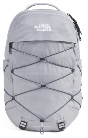 Gray backpack with a crossing bungee cord design and 'THE NORTH FACE' text.