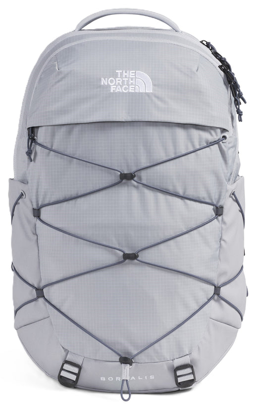 Gray backpack with a crossing bungee cord design and 'THE NORTH FACE' text.