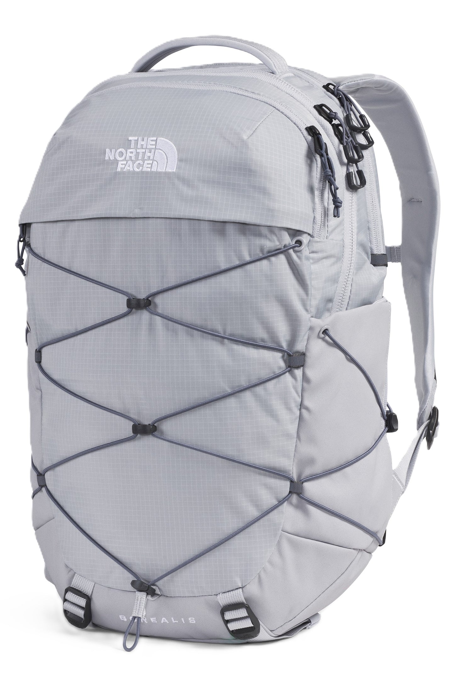Light gray backpack with criss-cross elastic cording.