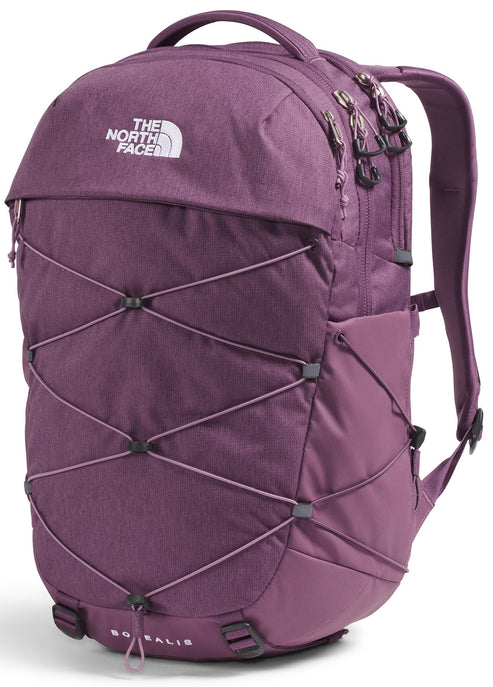 A plum purple backpack with a front elastic bungee system, top handle, adjustable shoulder straps, and the text The North Face Borealis printed on the front.