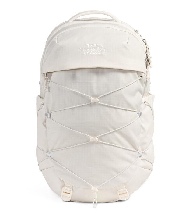A white backpack with a bungee cord system on the front and a top handle.
