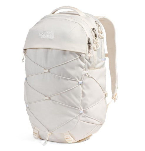 Front view of a white backpack with a criss-cross cord design and visible logo on the top flap.