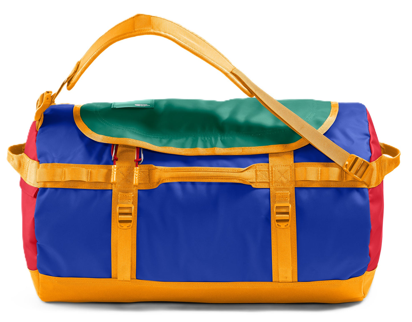 Duffel bag in blue, green, red and yellow with yellow straps.