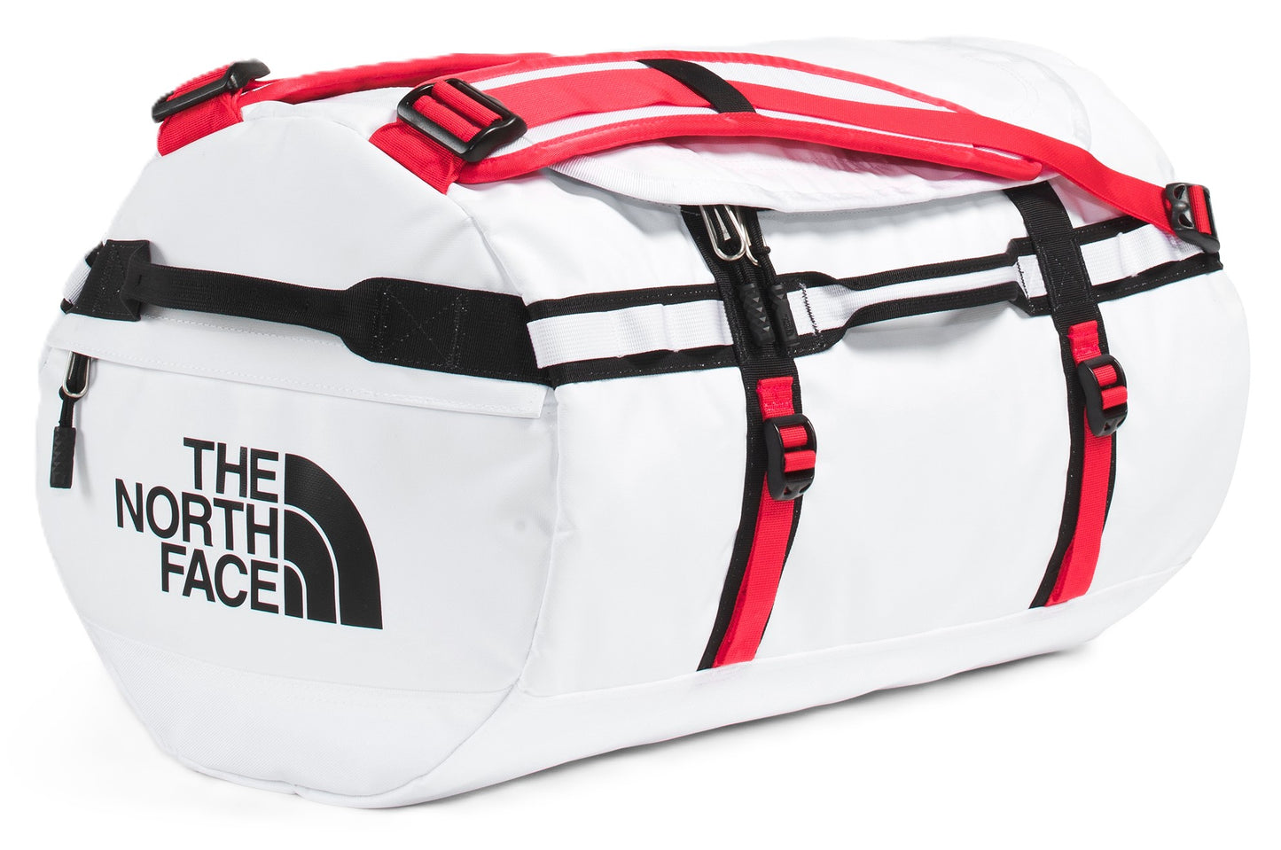 White duffel bag with red straps and black accents featuring 'THE NORTH FACE' logo.
