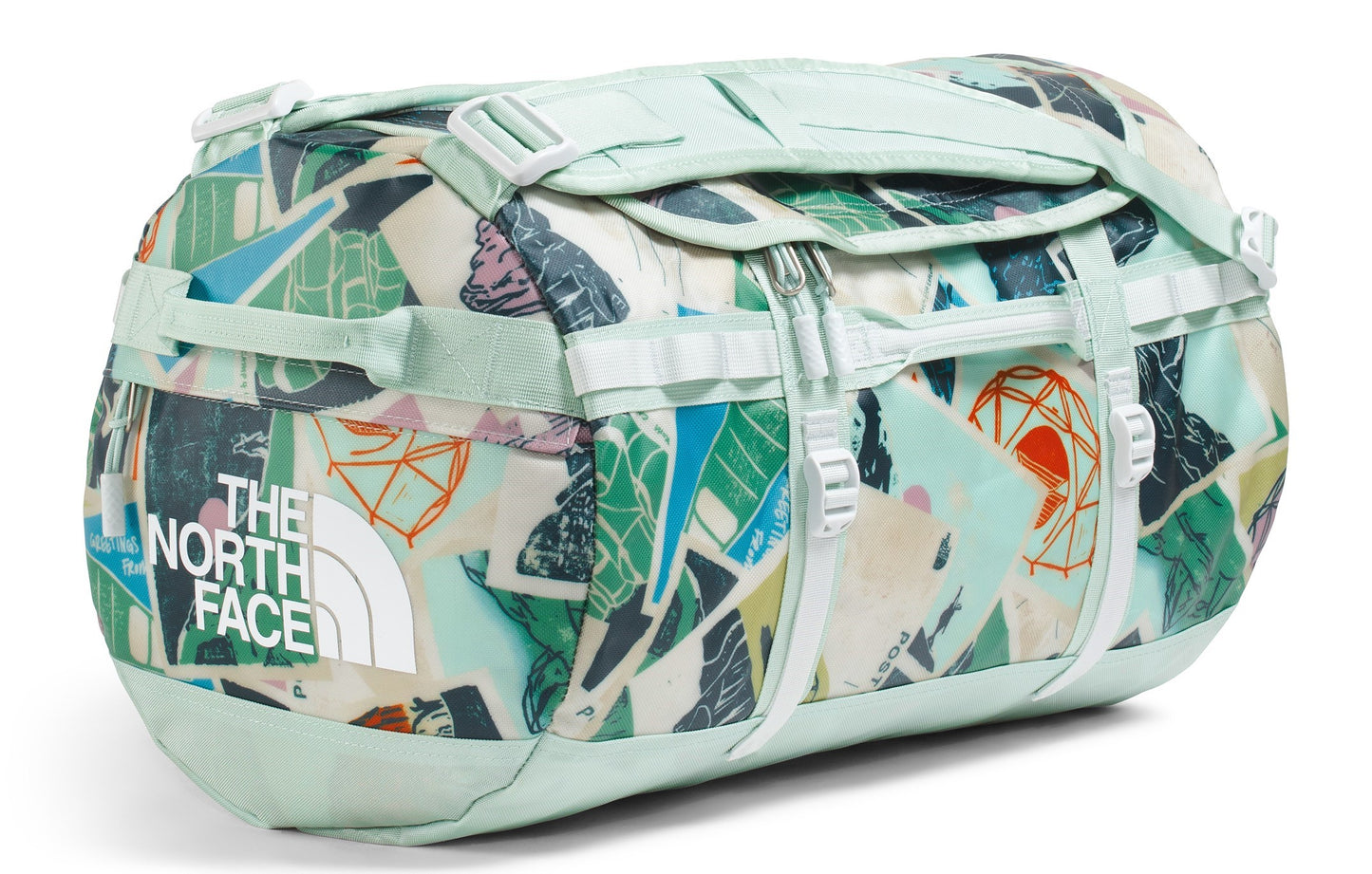 Mint-colored duffel bag with colorful geometric print, including The North Face logo.