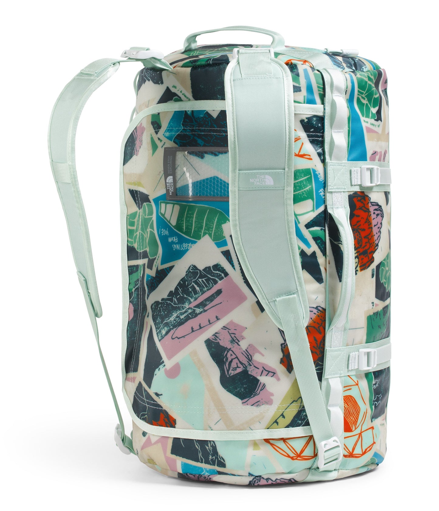 A duffel bag with light blue straps featuring a collage of images and shapes in varying colors and sizes.