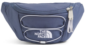 Blue hip pack with white logo and white elastic bands on the front.