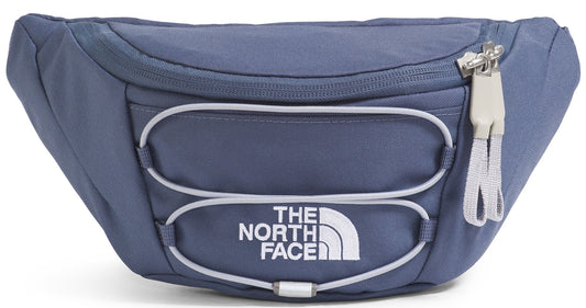Blue hip pack with white logo and white elastic bands on the front.