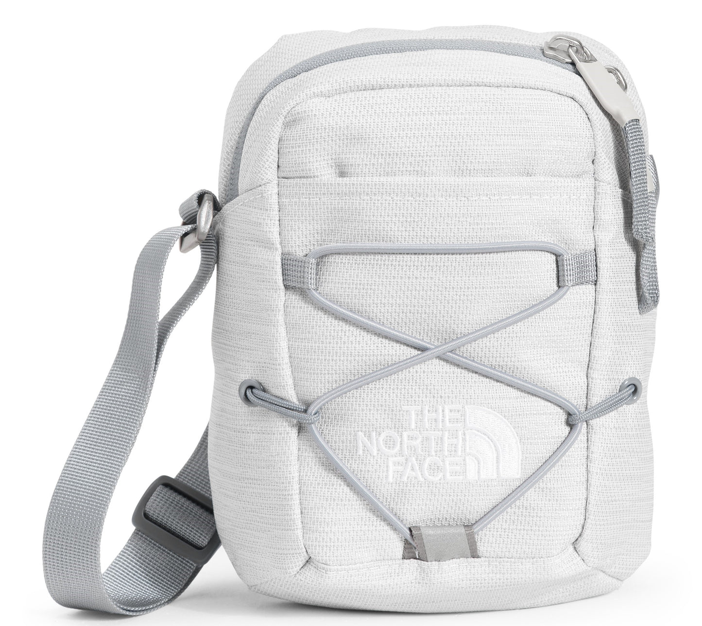 White crossbody bag with gray strap, criss-cross cords, and North Face logo.